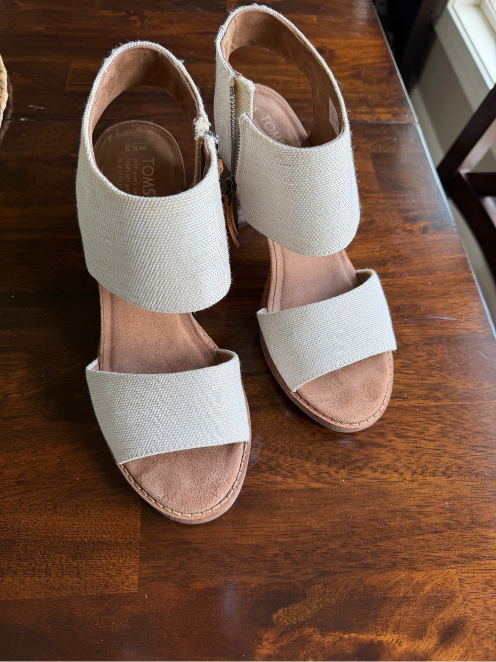 Toms Cream Canvas Two-Strap Wedge Sandals